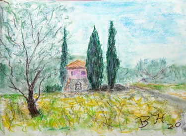 Dessin intitulée "Paysage du sud" par Bernard Hoenig, Œuvre d'art originale, Pastel