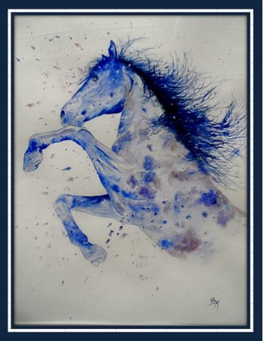 Peinture intitulée "Cheval Bleu" par Bernard Massias, Œuvre d'art originale, Aquarelle