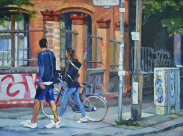 Malerei mit dem Titel "Paar mit Fahrrad" von Bernhard Berger, Original-Kunstwerk, Acryl