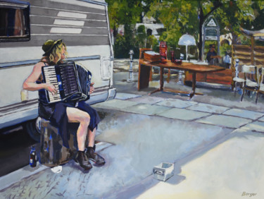 Malerei mit dem Titel "Akkordeonspielerin" von Bernhard Berger, Original-Kunstwerk, Acryl