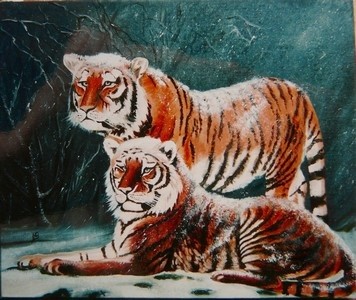 Painting titled "tigres de Sibérie" by Bernadette Maréchal, Original Artwork