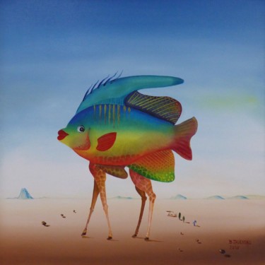 Painting titled "fish giraffe" by Bernard Jageneau, Original Artwork, Oil Mounted on Wood Stretcher frame