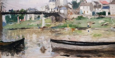 Картина под названием "Bateaux sur la Seine" - Berthe Morisot, Подлинное произведение искусства, Масло