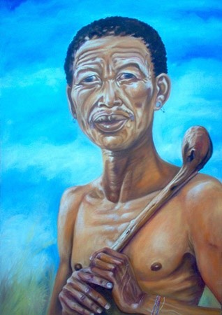 Painting titled "bushman hunter1" by Berthold Moyo, Original Artwork, Oil