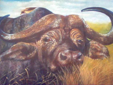 Painting titled "cape buffalo" by Berthold Moyo, Original Artwork, Oil