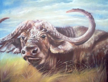 Painting titled "female buffalo chew…" by Berthold Moyo, Original Artwork, Oil
