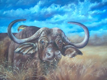 Painting titled "cape buffalo bull" by Berthold Moyo, Original Artwork, Oil