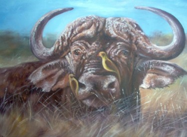 Painting titled "alert buffalo" by Berthold Moyo, Original Artwork, Oil