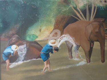 Dessin intitulée "LE BAIN DES ELEPHAN…" par Bertrand Lhermenier, Œuvre d'art originale, Pastel Monté sur Autre panneau rigide