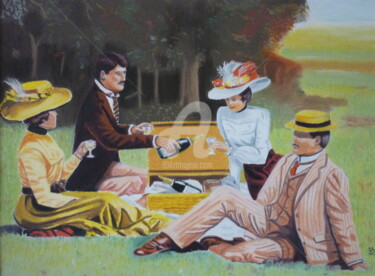 Dessin intitulée "SCENE LE PIQUE-NIQU…" par Bertrand Lhermenier, Œuvre d'art originale, Pastel Monté sur Autre panneau rigide