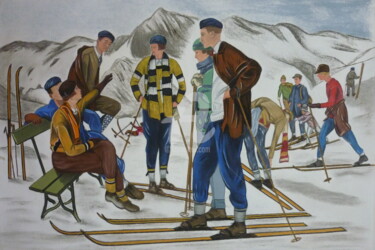 Dessin intitulée "SKI 1920" par Bertrand Lhermenier, Œuvre d'art originale, Pastel Monté sur Autre panneau rigide