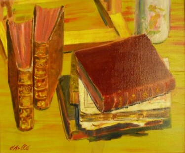 Painting titled "Livres anciens 1" by Bertrand Daullé, Original Artwork, Oil