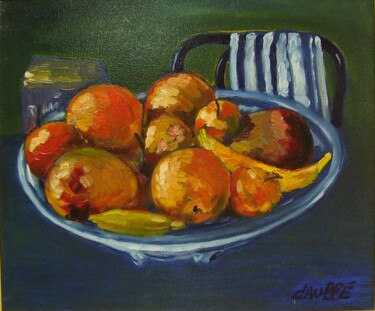 Painting titled "Fruits au plat bleu" by Bertrand Daullé, Original Artwork, Oil