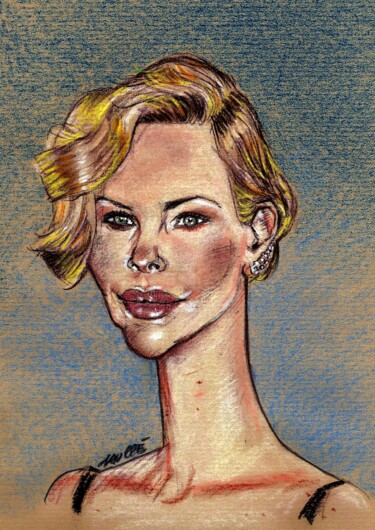 Dessin intitulée "Charlize Theron" par Bertrand Daullé, Œuvre d'art originale, Pastel