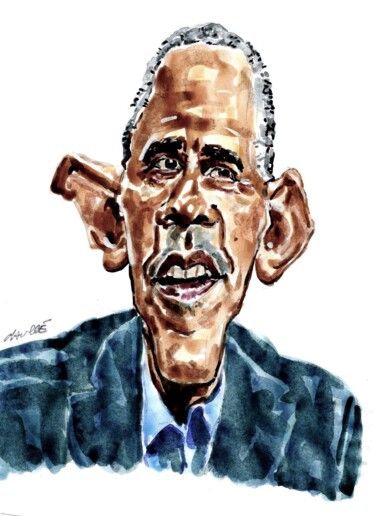 Peinture intitulée "Barack Obama" par Bertrand Daullé, Œuvre d'art originale, Aquarelle