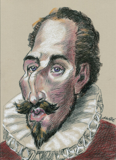 Drawing titled "Miguel de Cervantes" by Bertrand Daullé, Original Artwork, Pastel