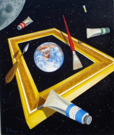 Painting titled "MA PLANETE UNE OEUV…" by Bertrand Delogne, Original Artwork, Oil Mounted on Wood Stretcher frame