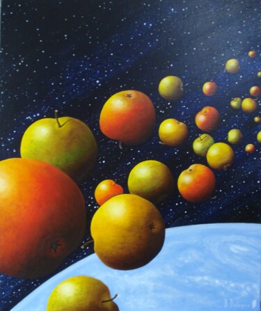 Painting titled "PLUIE DE POMMES EN…" by Bertrand Delogne, Original Artwork, Oil Mounted on Wood Stretcher frame