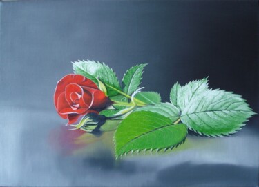Painting titled "LA ROSE ROUGE SOLIT…" by Bertrand Delogne, Original Artwork, Oil Mounted on Wood Stretcher frame