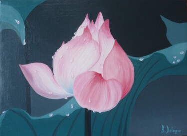 Schilderij getiteld "FLEUR DE LOTUS" door Bertrand Delogne, Origineel Kunstwerk, Olie Gemonteerd op Frame voor houten branca…