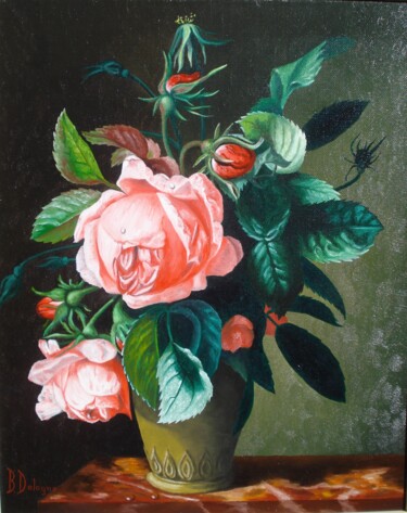 Painting titled "BOUQUET DE ROSES SU…" by Bertrand Delogne, Original Artwork, Oil Mounted on Wood Stretcher frame