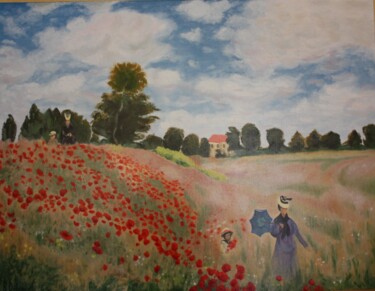 Painting titled "LES COQUELICOTS A A…" by Bertrand Delogne, Original Artwork, Oil Mounted on Wood Stretcher frame