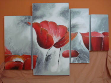 Painting titled "COQUELICOTS  MULTIP…" by Bertrand Delogne, Original Artwork, Oil Mounted on Wood Stretcher frame