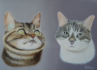 Painting titled "LES DEUX CHATS" by Bertrand Delogne, Original Artwork, Oil Mounted on Wood Stretcher frame