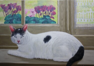 Painting titled "TIGROU LE CHAT" by Bertrand Delogne, Original Artwork, Oil Mounted on Wood Stretcher frame