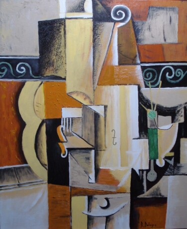 Painting titled "VIOLON  ET  GUITARE" by Bertrand Delogne, Original Artwork, Oil Mounted on Wood Stretcher frame