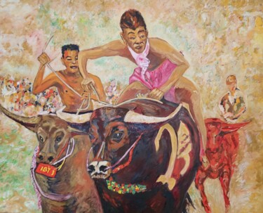 Painting titled "Buffalo race / Thai…" by Bertrand Gossart, Original Artwork, Oil Mounted on Wood Stretcher frame