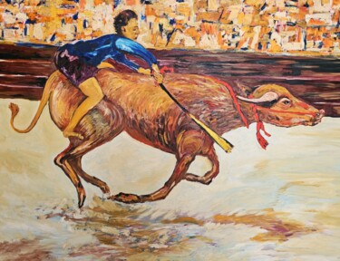 Malarstwo zatytułowany „Buffalo race / Thai…” autorstwa Bertrand Gossart, Oryginalna praca, Olej Zamontowany na Drewniana ra…