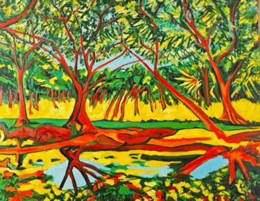 Картина под названием "Bangkok - Lumpini P…" - Bertrand Gossart, Подлинное произведение искусства, Масло Установлен на Дерев…