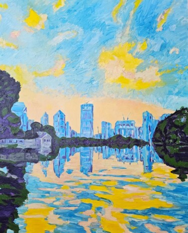 Картина под названием "Blue skyline - Bang…" - Bertrand Gossart, Подлинное произведение искусства, Масло Установлен на Дерев…