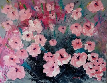 Painting titled "Fleurs rose ." by Bertrand Jost, Original Artwork, Oil Mounted on Wood Stretcher frame