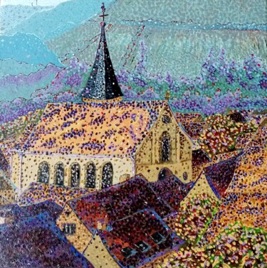 Painting titled "Eglise de mon villa…" by Bertrand Jost, Original Artwork, Acrylic Mounted on Wood Stretcher frame