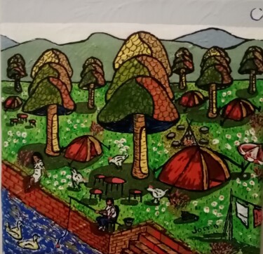 绘画 标题为“Camping à la campag…” 由Bertrand Jost, 原创艺术品, 丙烯 安装在木质担架架上