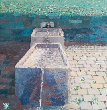 Painting titled "La fontaine ." by Bertrand Jost, Original Artwork, Acrylic Mounted on Cardboard