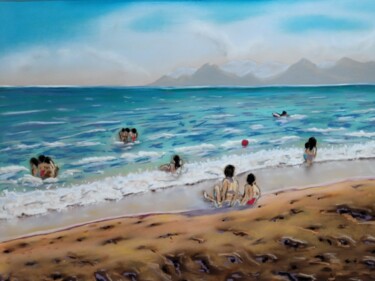Рисунок под названием "A la plage ." - Bertrand Jost, Подлинное произведение искусства, Пастель