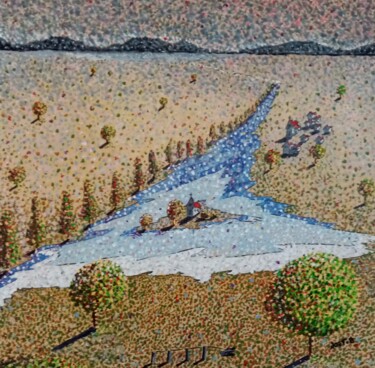 Painting titled "Paysage pointillist…" by Bertrand Jost, Original Artwork, Acrylic Mounted on Wood Stretcher frame