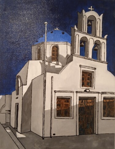 Malarstwo zatytułowany „Eglise en Grèce .” autorstwa Bertrand Jost, Oryginalna praca, Akryl Zamontowany na Drewniana rama no…