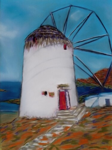 Drawing titled "Moulin en Grèce ." by Bertrand Jost, Original Artwork, Pastel