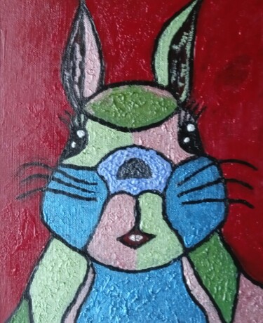 Painting titled "Monsieur Lapin ." by Bertrand Jost, Original Artwork, Acrylic Mounted on Wood Stretcher frame