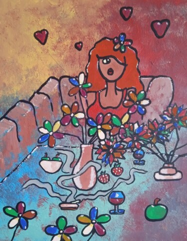 Painting titled "Amoureuse ." by Bertrand Jost, Original Artwork, Acrylic Mounted on Cardboard