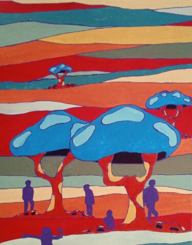 Painting titled "Arbres bleus et sil…" by Bertrand Jost, Original Artwork, Acrylic Mounted on Cardboard