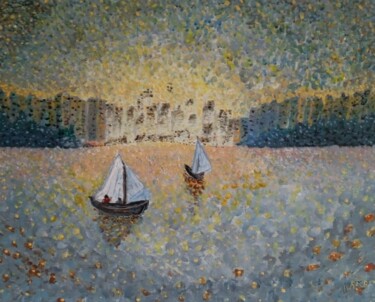 Painting titled "Au calme sur le lac…" by Bertrand Jost, Original Artwork, Acrylic Mounted on Wood Stretcher frame