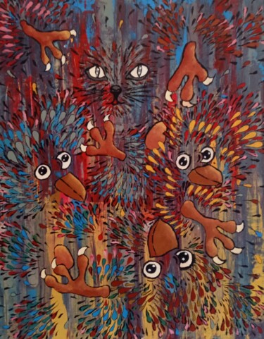 Malerei mit dem Titel "Le chat et les oise…" von Bertrand Jost, Original-Kunstwerk, Acryl Auf Keilrahmen aus Holz montiert