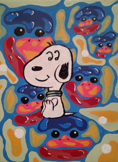 Malerei mit dem Titel "Snoopy et les drole…" von Bertrand Jost, Original-Kunstwerk, Acryl Auf Keilrahmen aus Holz montiert