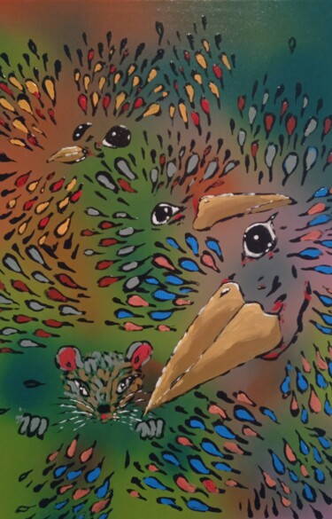 Painting titled "Les oiseaux et la s…" by Bertrand Jost, Original Artwork, Acrylic Mounted on Wood Stretcher frame
