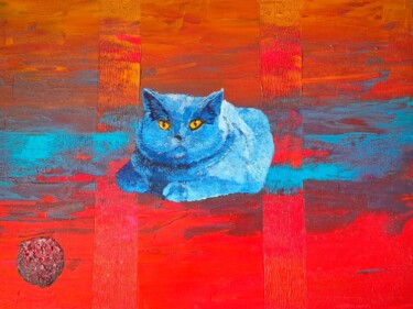 Painting titled "Le chat gris bleu ." by Bertrand Jost, Original Artwork, Oil